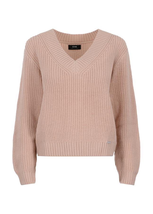 Camelowy sweter dekolt V damski