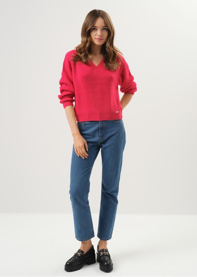Camelowy sweter dekolt V damski