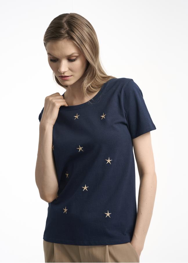 Granatowy T-shirt damski z aplikacją