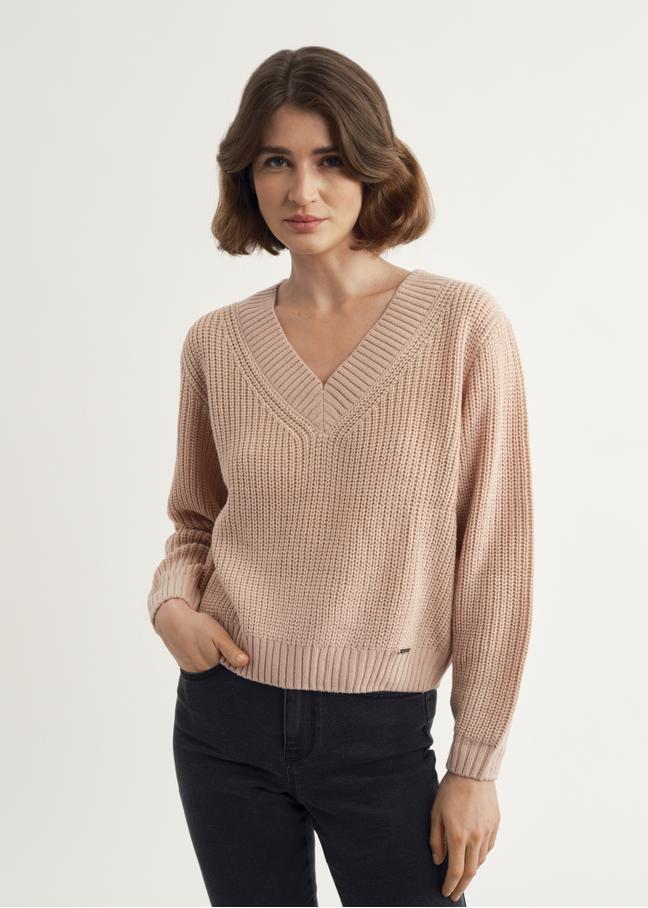 Camelowy sweter dekolt V damski