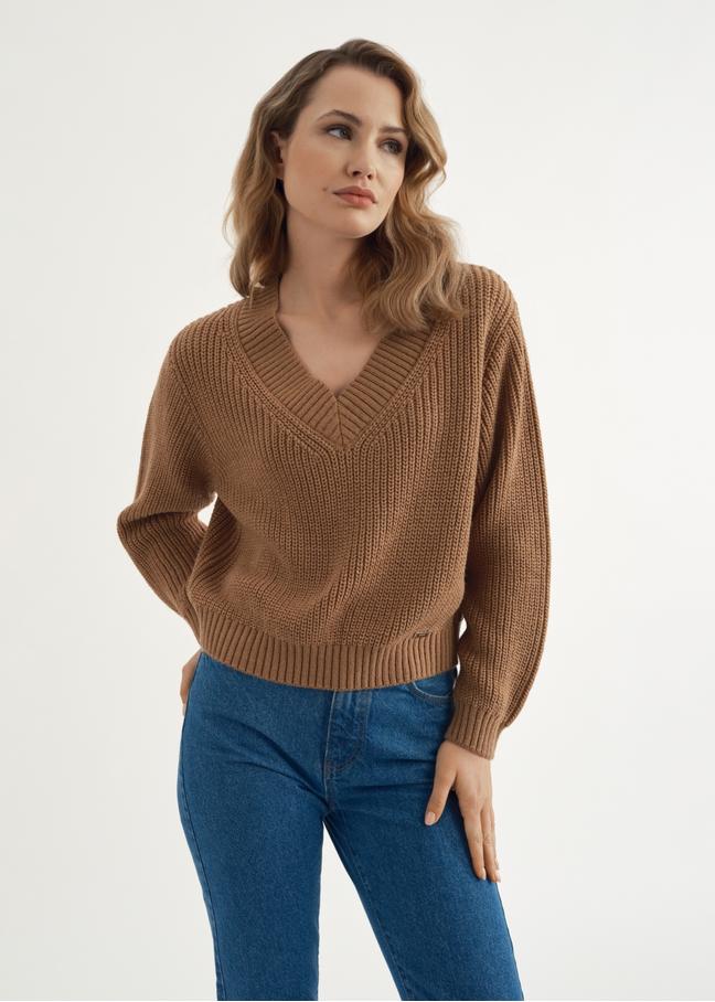 Camelowy sweter dekolt V damski