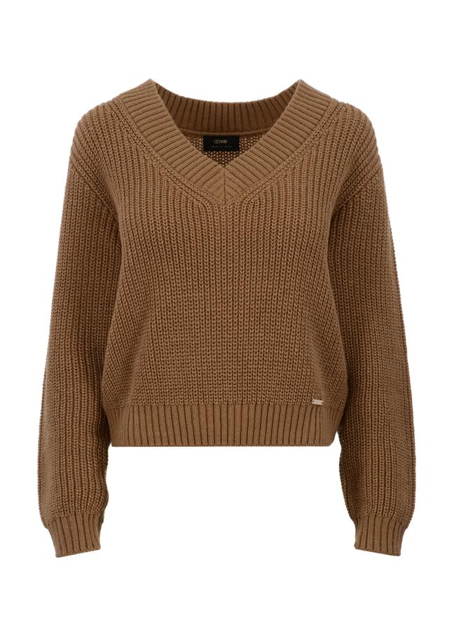 Camelowy sweter dekolt V damski